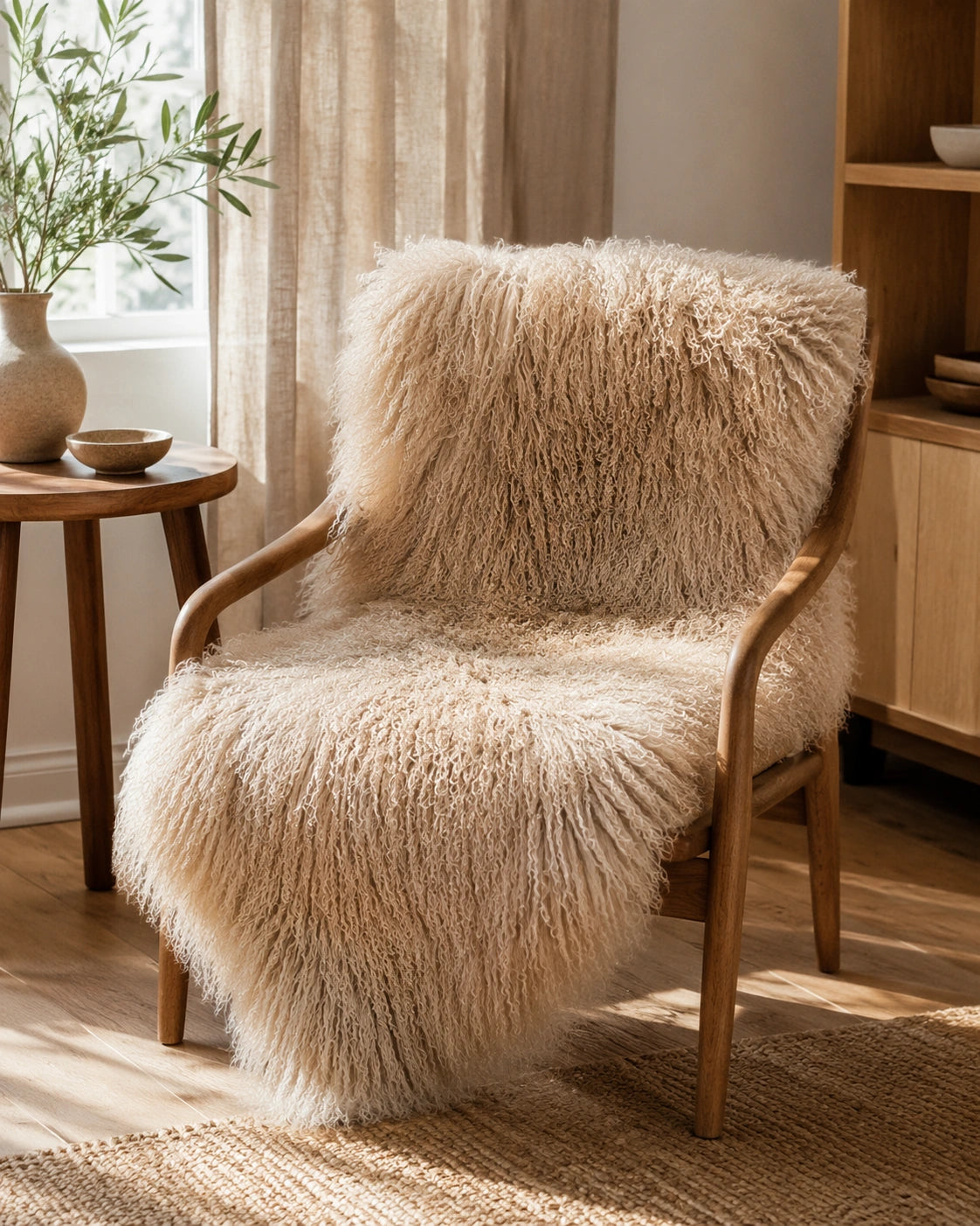 Camel latte genuine Ningxia Tan lamb sheepskin styled on a wood chair
