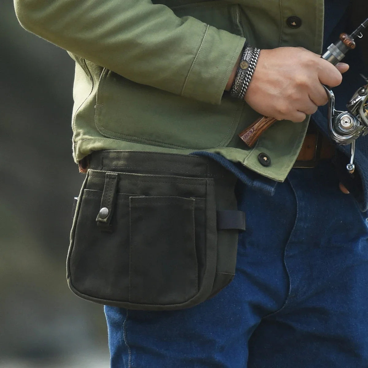 Dark Blue waxed canvas belt pouch worn outdoors