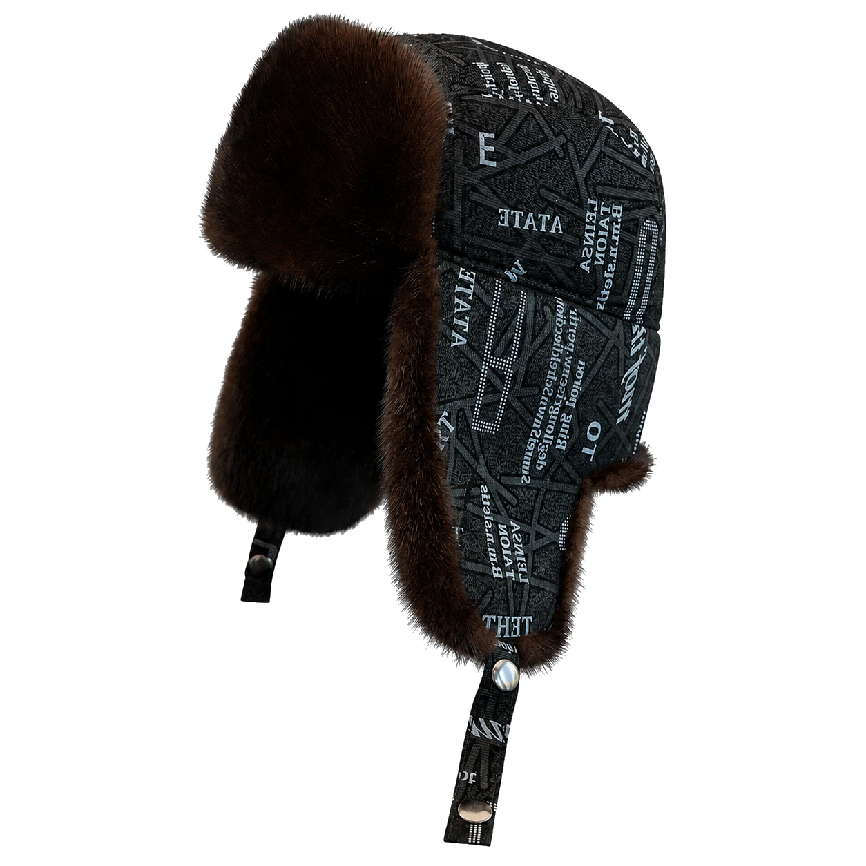 Dark Brown genuine mink fur and printed sheepskin leather trapper hat, side product view