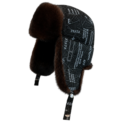 Dark Brown genuine mink fur and printed sheepskin leather trapper hat, side product view