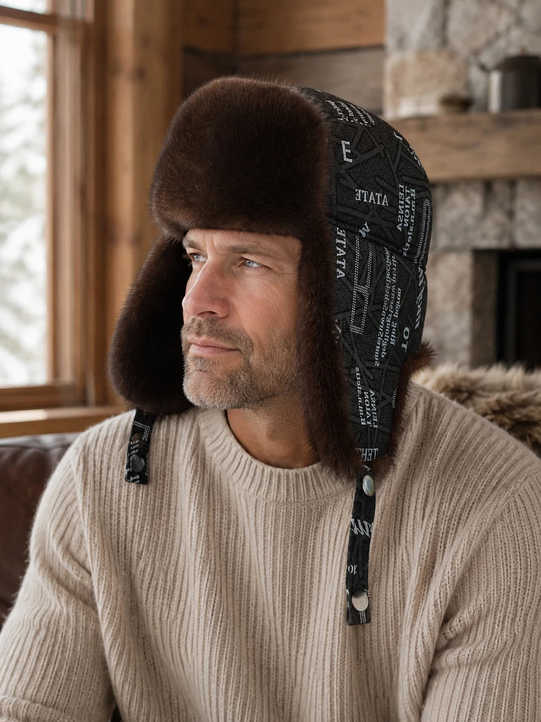 Man wearing the Dark Brown mink fur and sheepskin leather trapper hat at a cabin