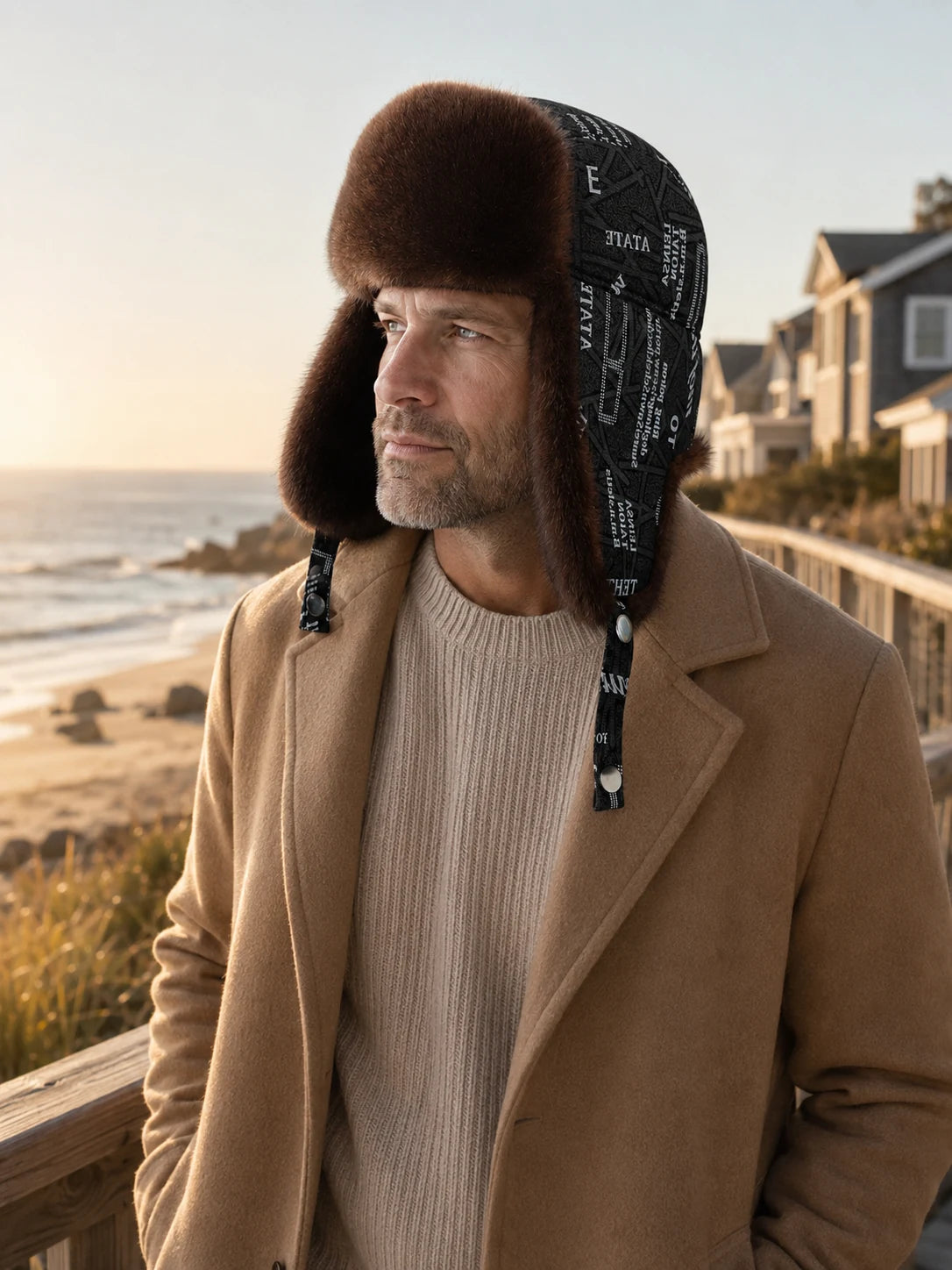 Man wearing the Dark Brown mink fur and sheepskin leather trapper hat by the winter coast