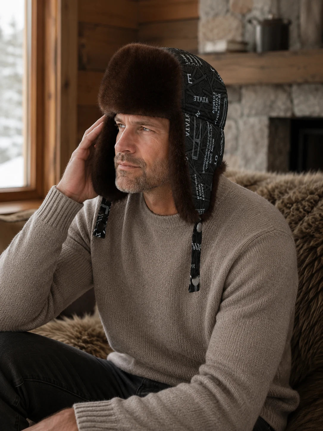 Dark Brown mink fur and sheepskin leather trapper hat indoor detail
