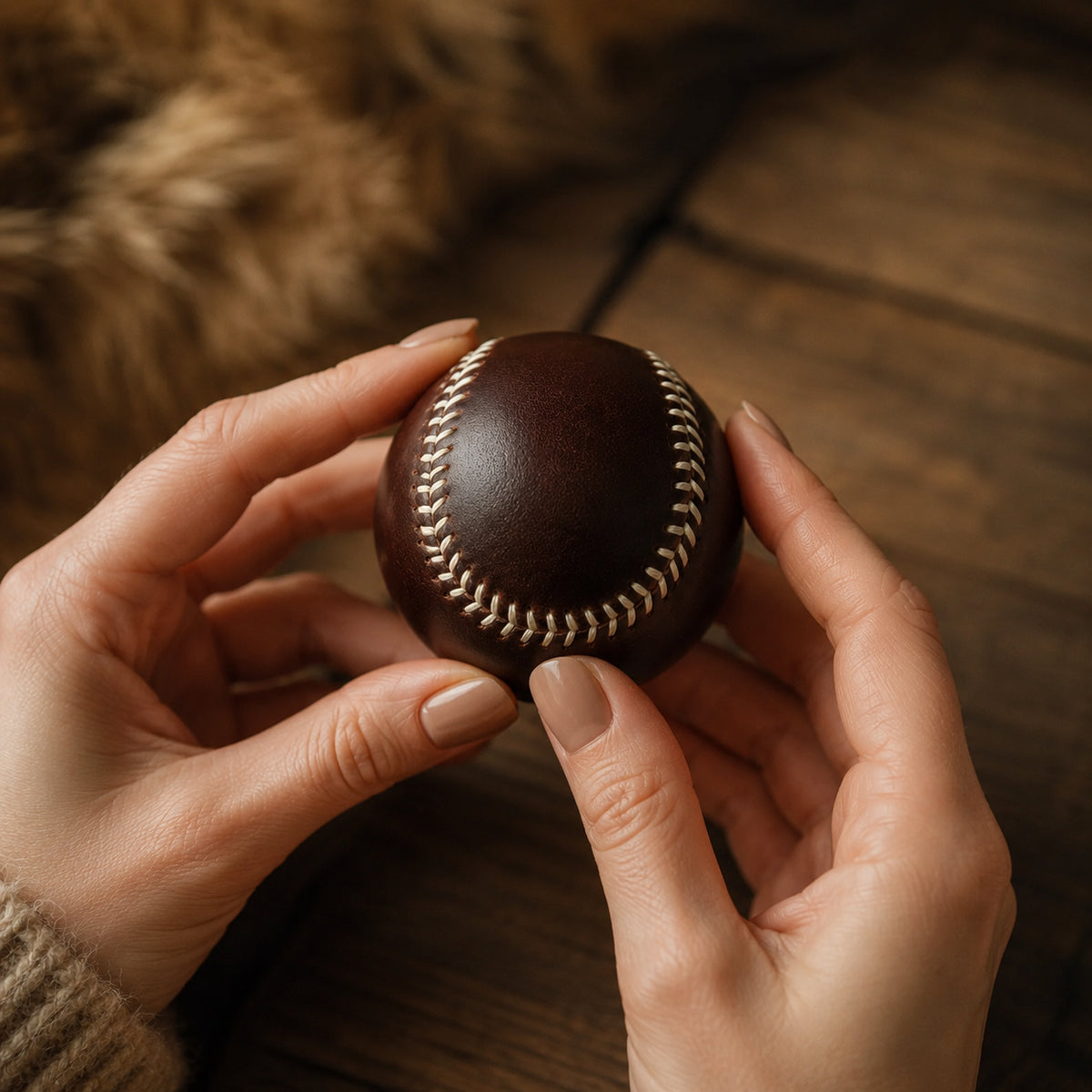 Dark coffee leather baseball with contrasting hand stitching