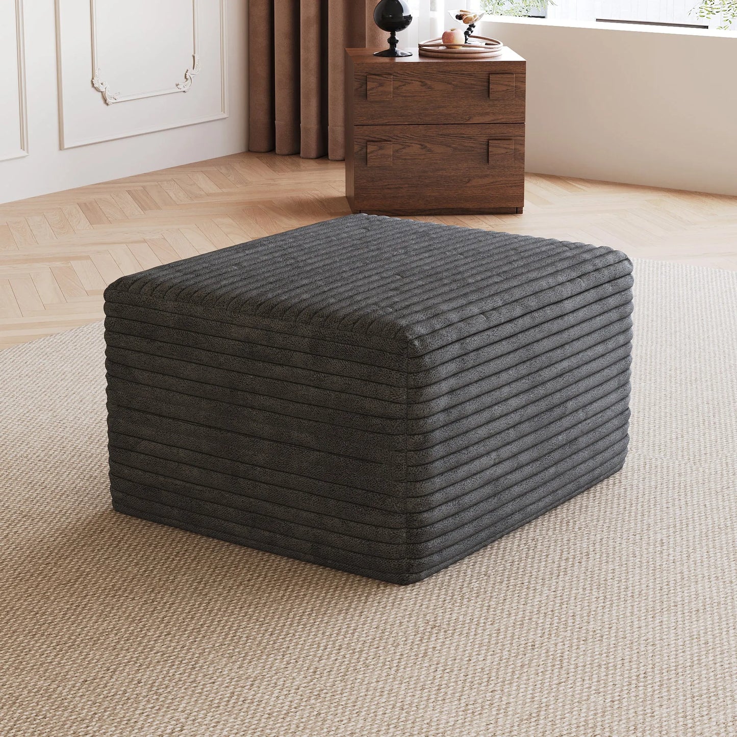 Corduroy Cube Ottoman, No Assembly Required – Dark Gray – view 1
