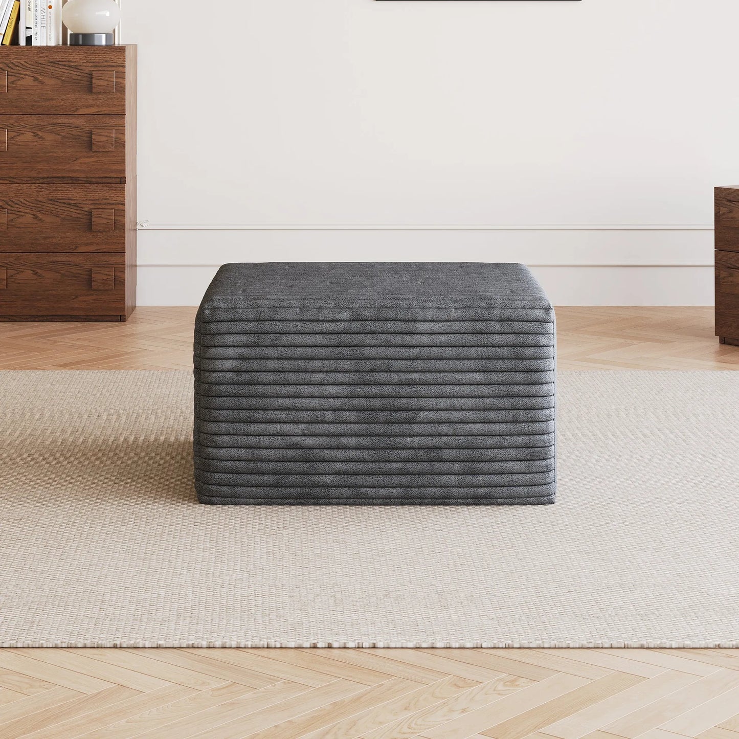 Corduroy Cube Ottoman, No Assembly Required – Dark Gray – view 3