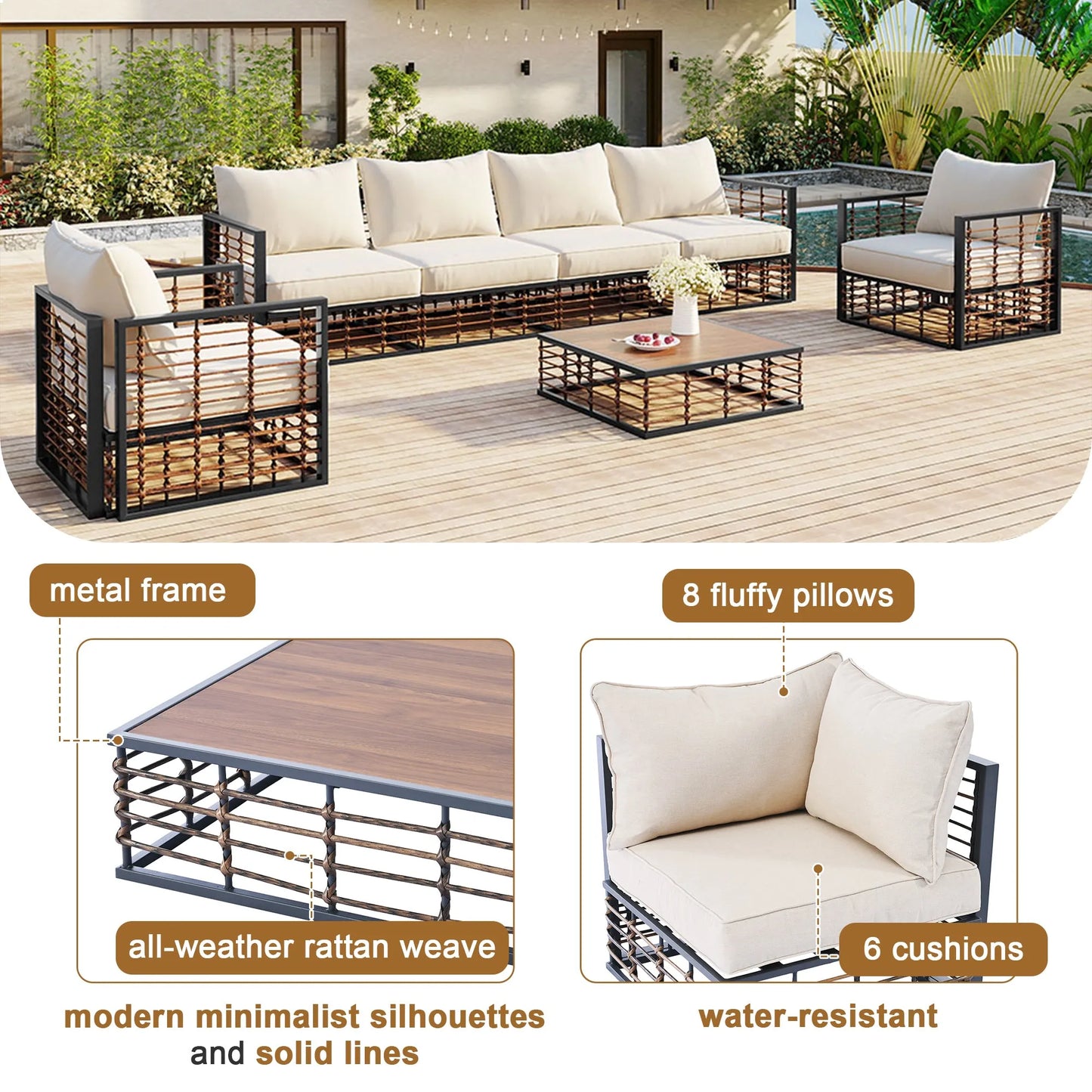 7-Piece Outdoor Metal Sectional Sofa Set with Coffee Table – Dark Gray – view 5