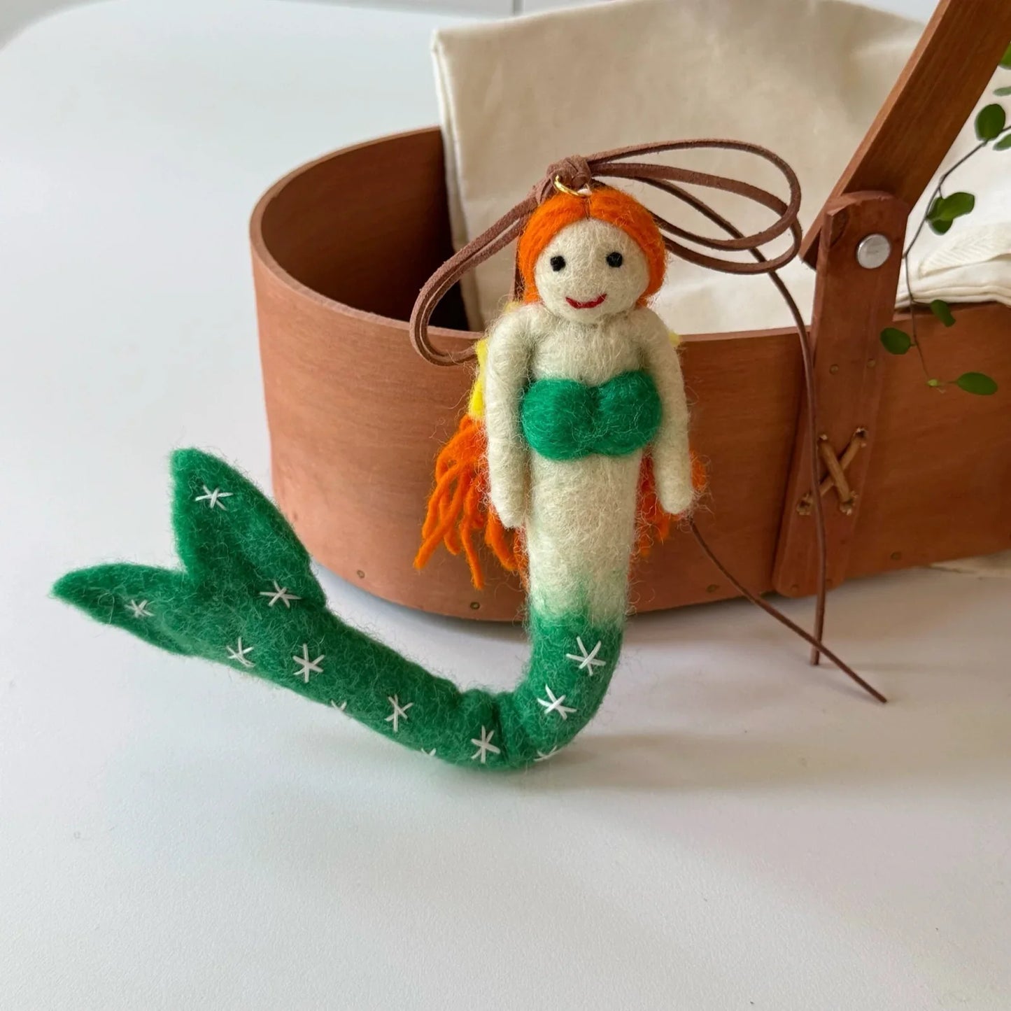 Deep green tail wool felt mermaid charm with cord loop
