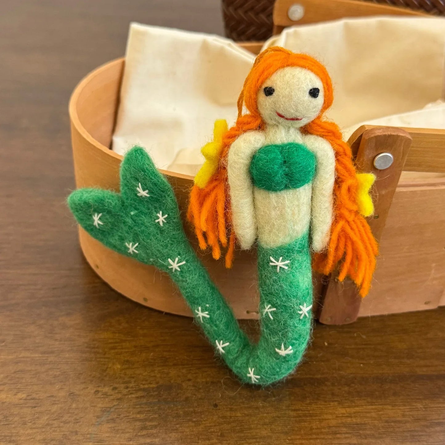 Deep green tail wool felt mermaid charm with cord and keyring