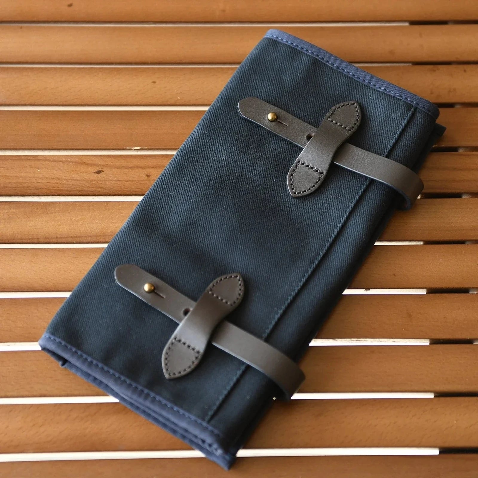 Deep Navy waxed canvas and cowhide roll-up tool organizer