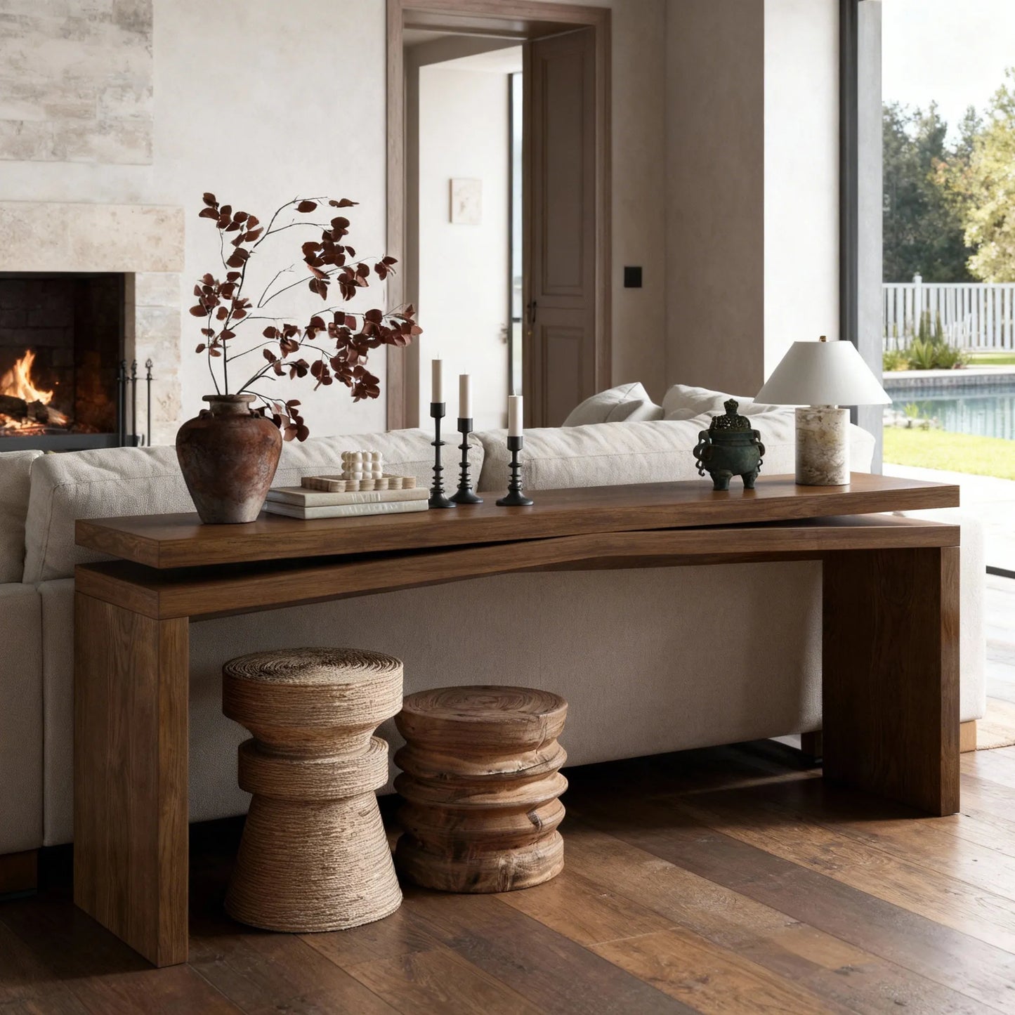 65-Inch Solid Wood Veneer Console Table – Deep Rustic Brown – view 1