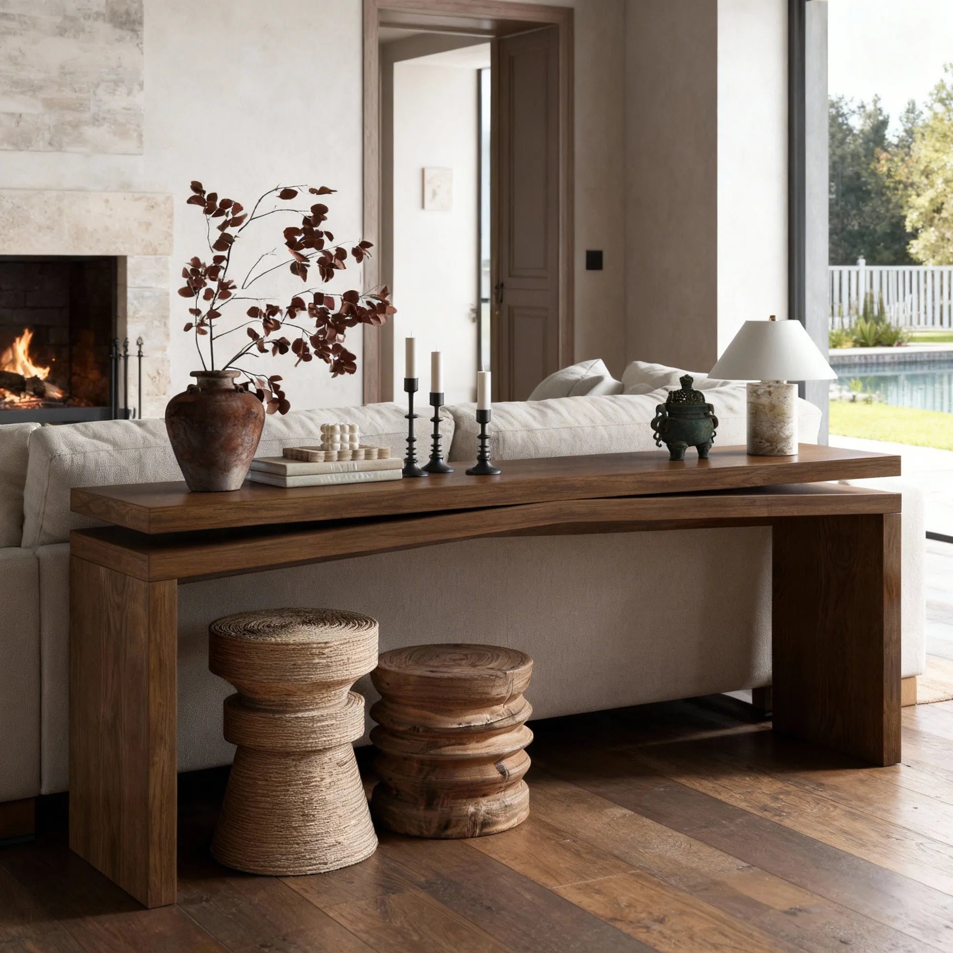 65-Inch Solid Wood Veneer Console Table – Deep Rustic Brown – view 1