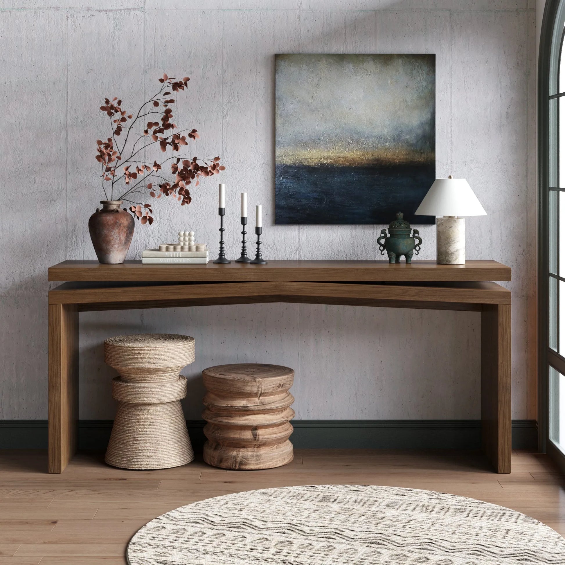 65-Inch Solid Wood Veneer Console Table – Deep Rustic Brown – view 2