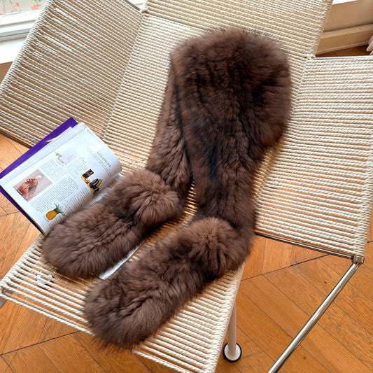 Deep Sable Brown fox fur hooded scarf with long rounded ends