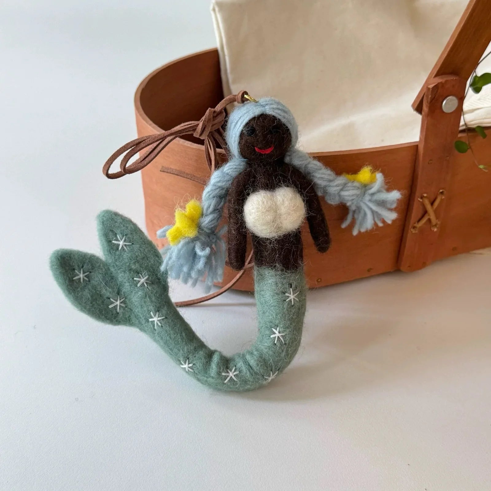 Deep tone aqua wool felt mermaid charm with cord loop