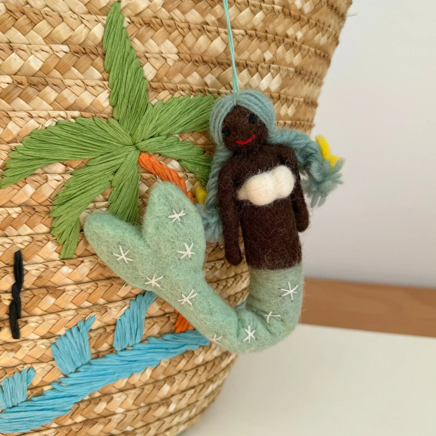 Deep tone aqua wool felt mermaid charm with cord and keyring