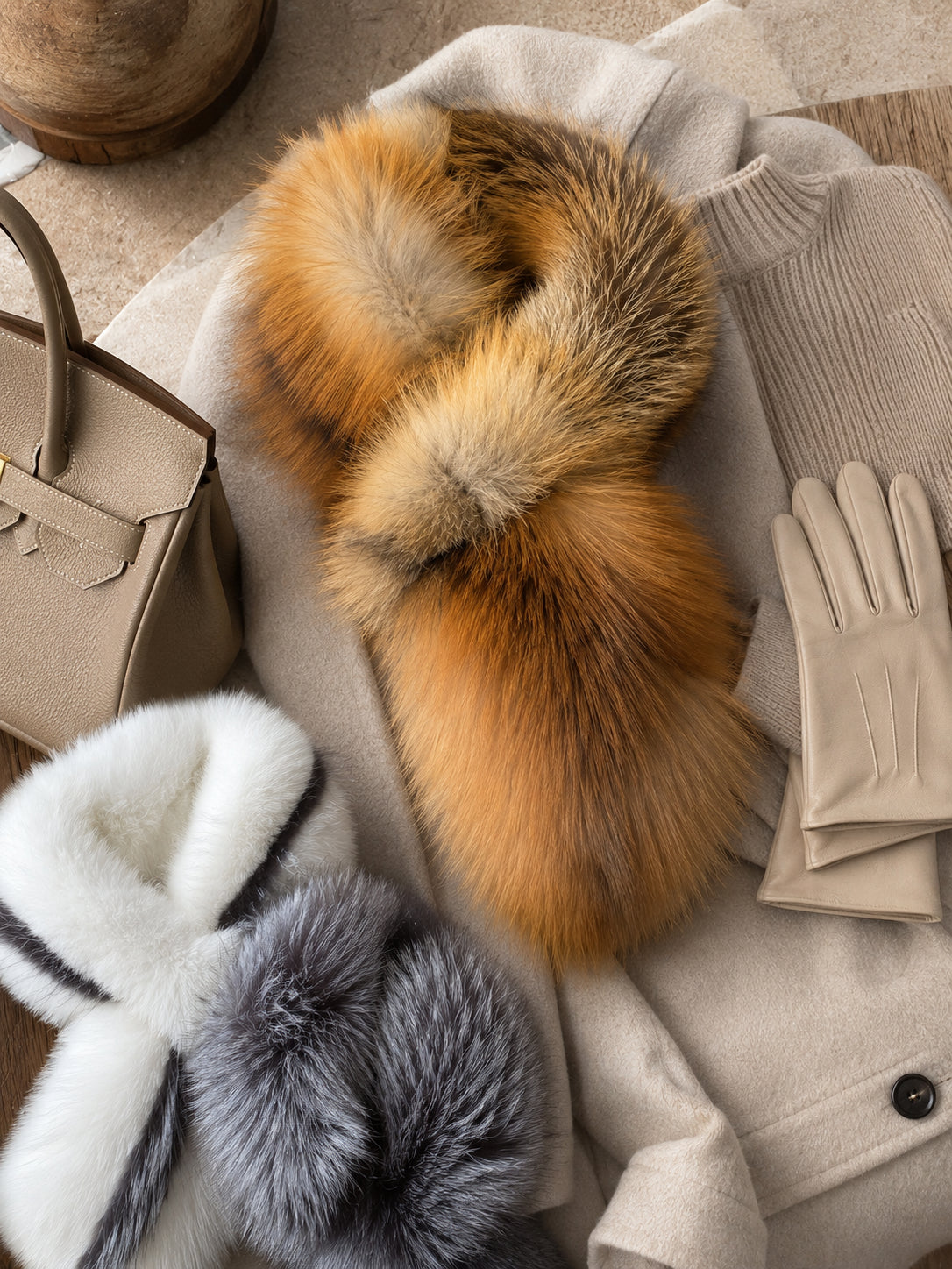 Double-sided fox fur scarf in three colorways, flat lay