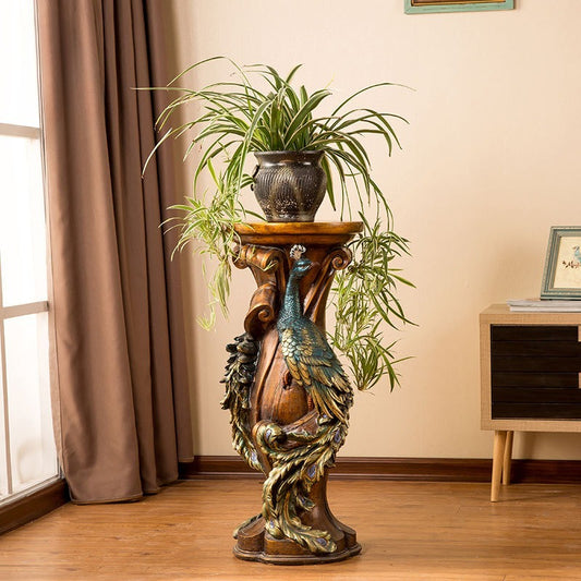 Peacock-Carved Decorative Pedestal Plant Stand — 32.7" H