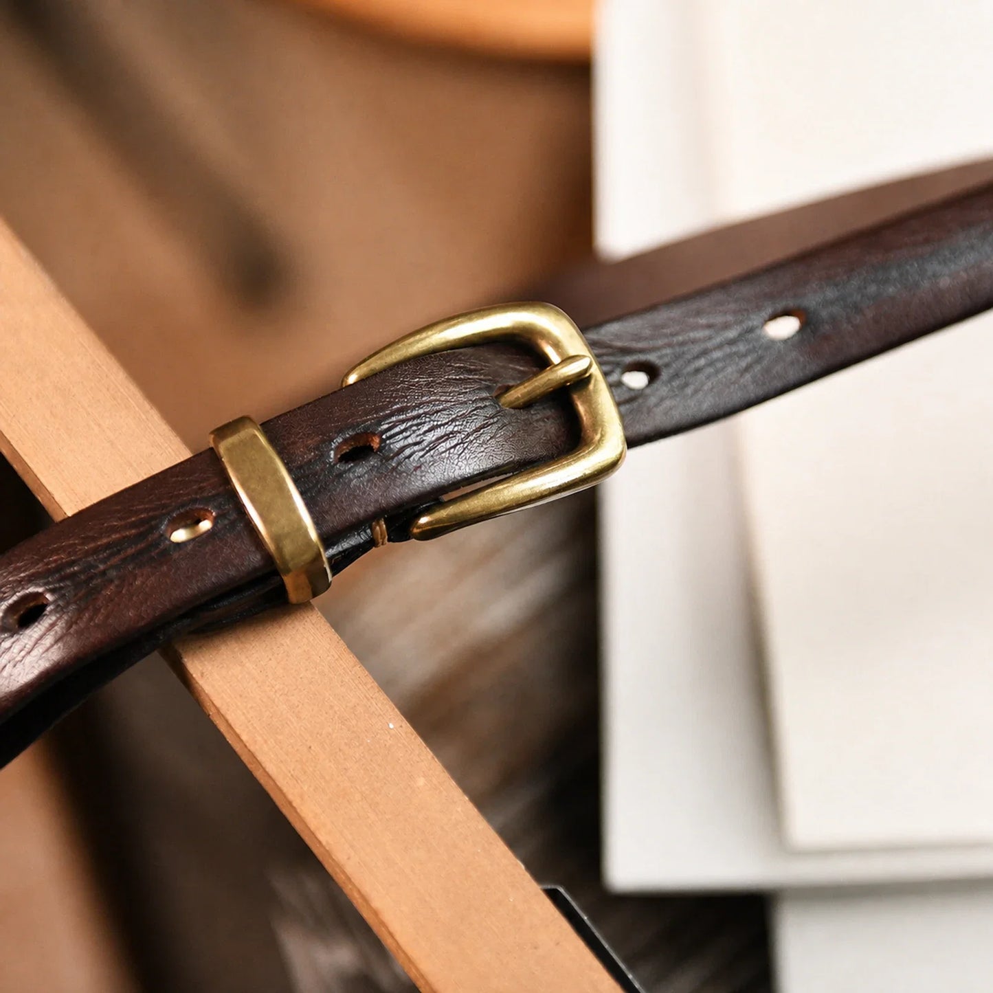 Espresso cow leather belt with copper single-prong buckle