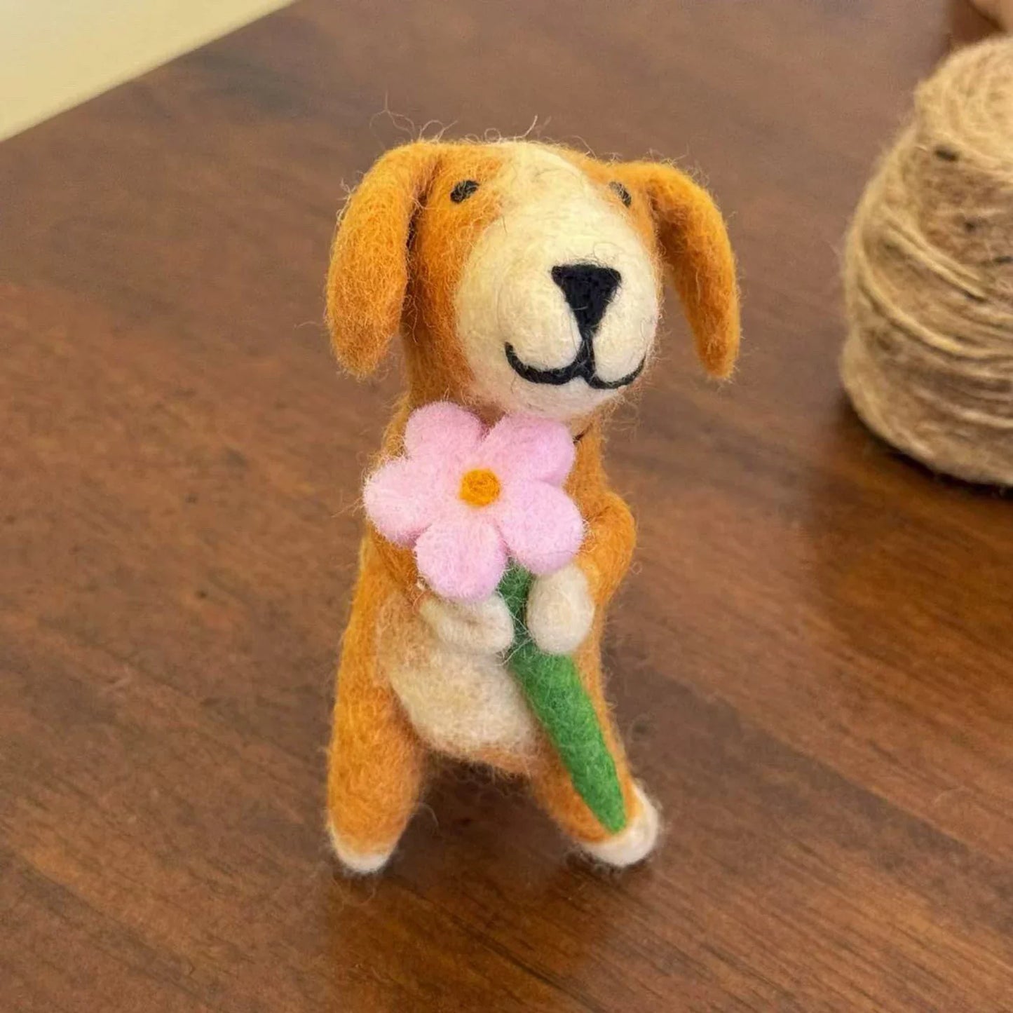 Flower-Holding Dog handmade wool felt keychain and bag charm