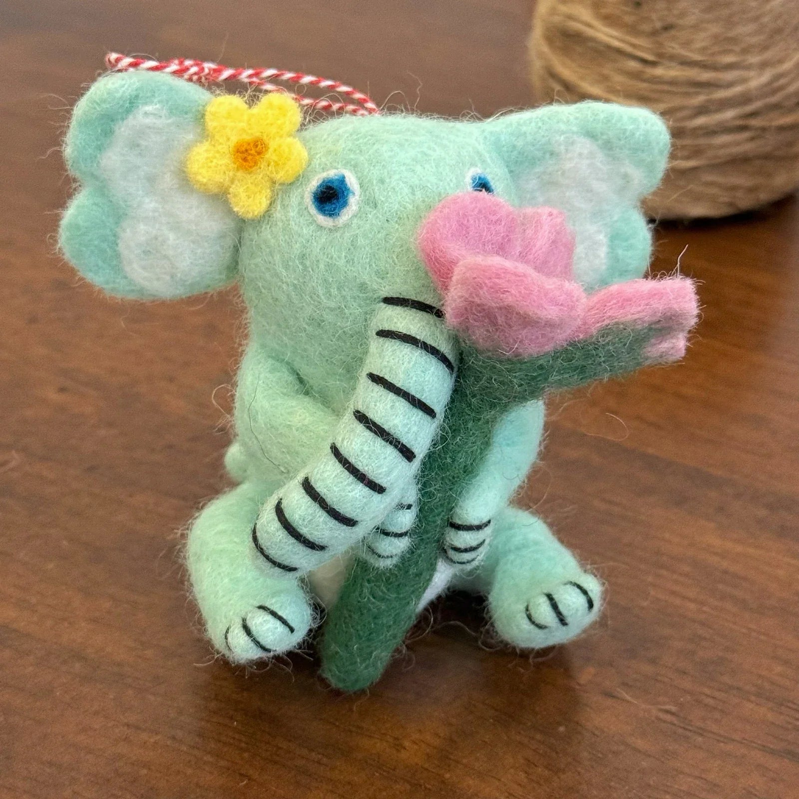 Flower-Holding Elephant handmade wool felt keychain and bag charm
