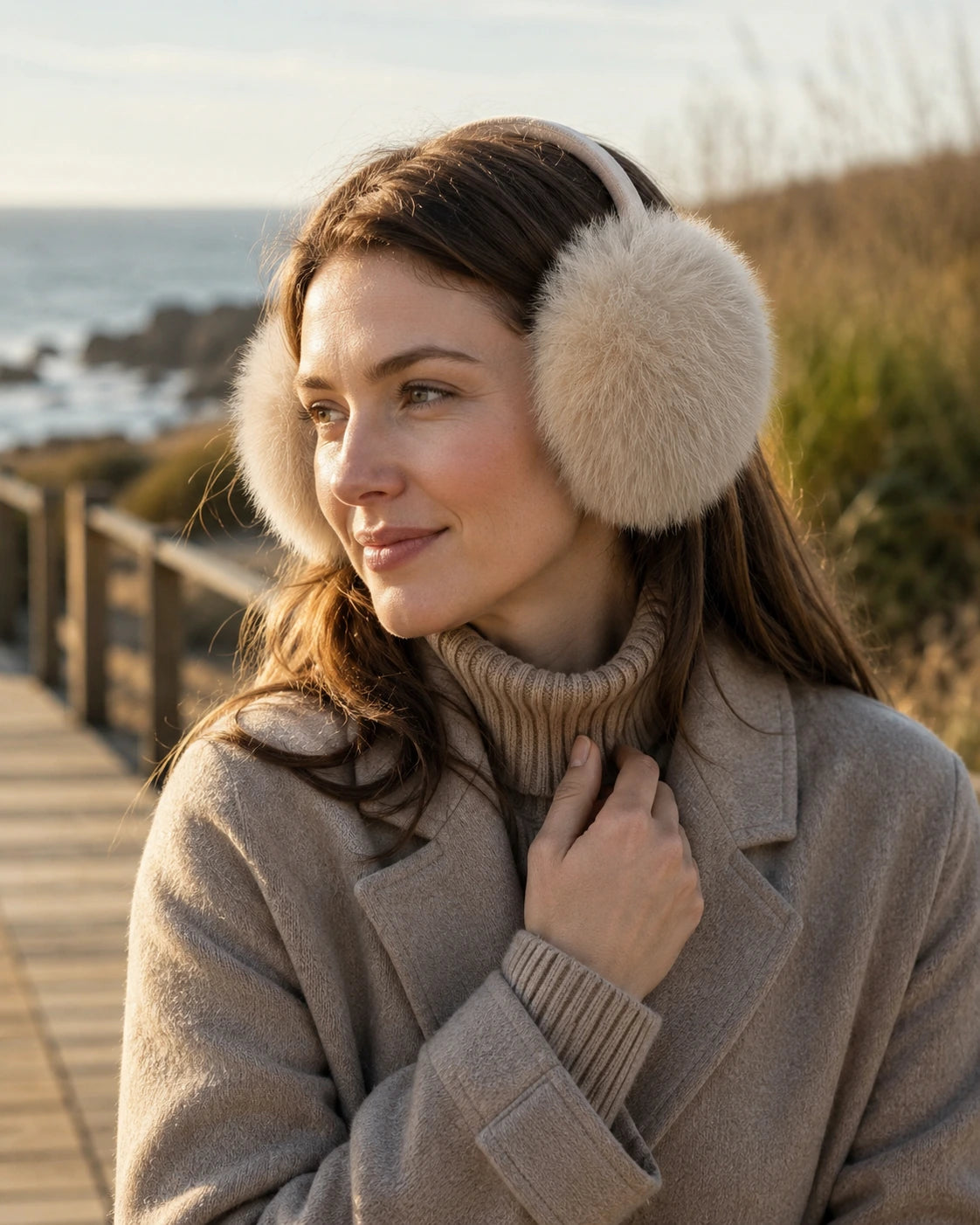 Ivory cream genuine fox fur earmuffs worn on a coastal walk