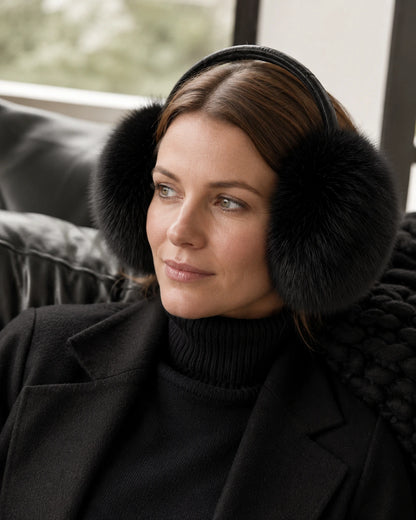 Natural black genuine fox fur earmuffs with a black winter knit