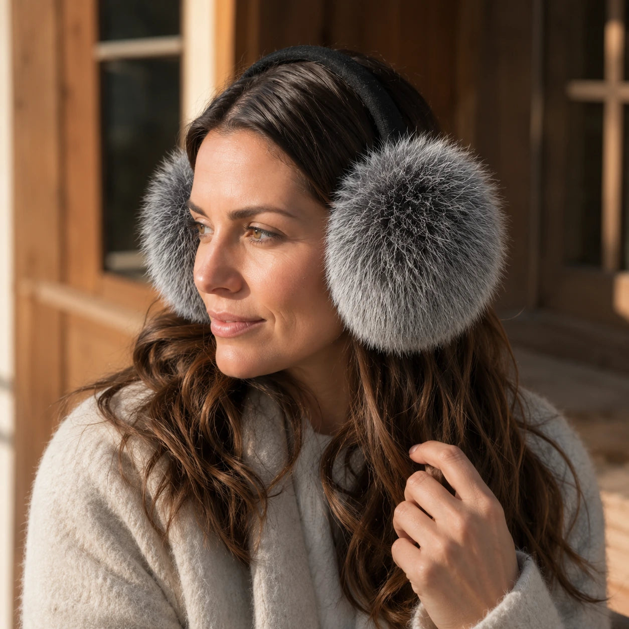 Silver gray genuine fox fur earmuffs showing natural texture and scale