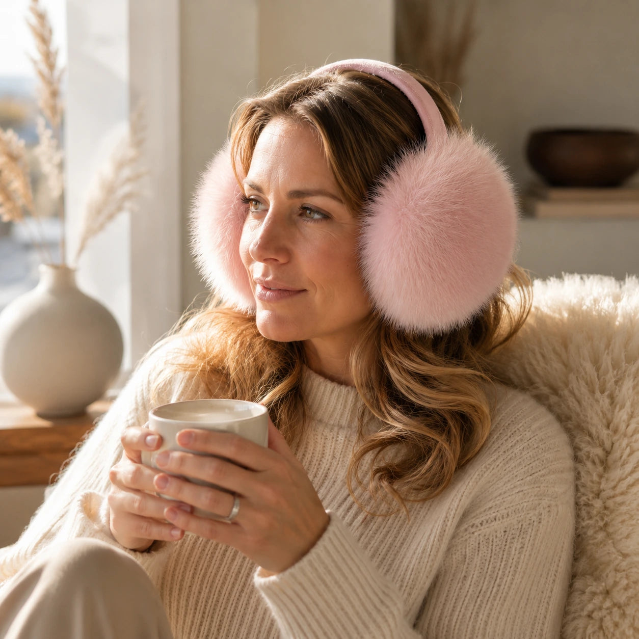 Dusty rose genuine fox fur earmuffs in soft natural daylight