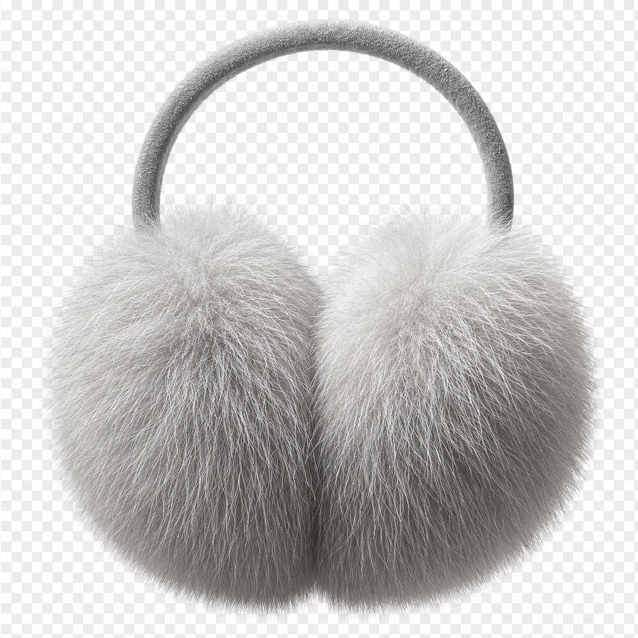 Silver gray oversized genuine fox fur earmuffs, front product view
