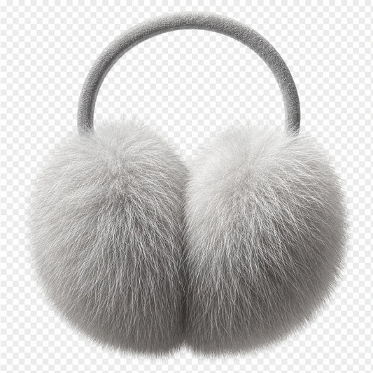 Silver gray oversized genuine fox fur earmuffs, front product view