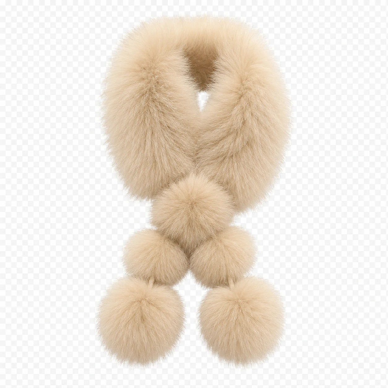 Cream Beige genuine fox fur pom-pom scarf, front view