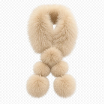 Cream Beige genuine fox fur pom-pom scarf, front view