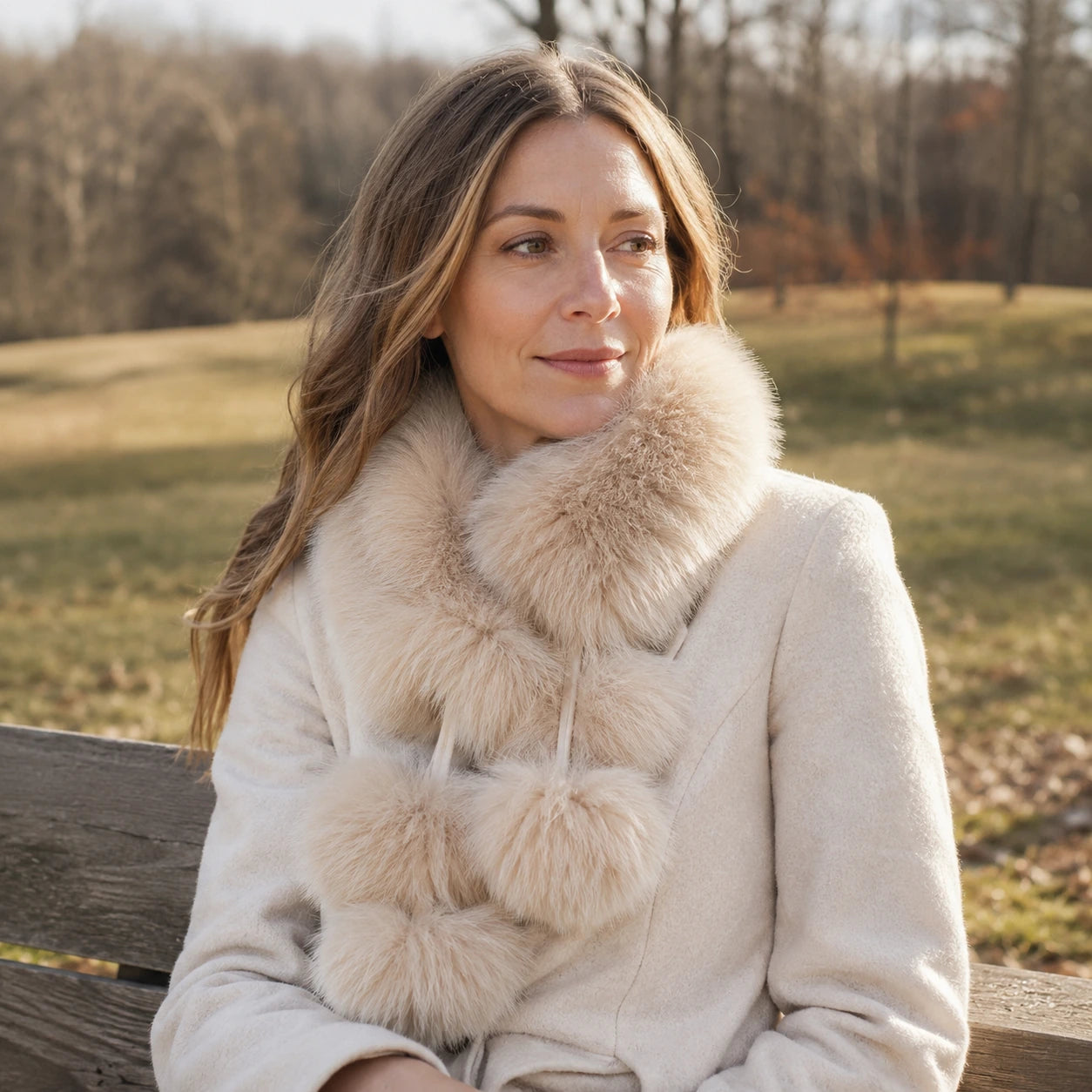 Cream Beige genuine fox fur pom-pom scarf worn outdoors