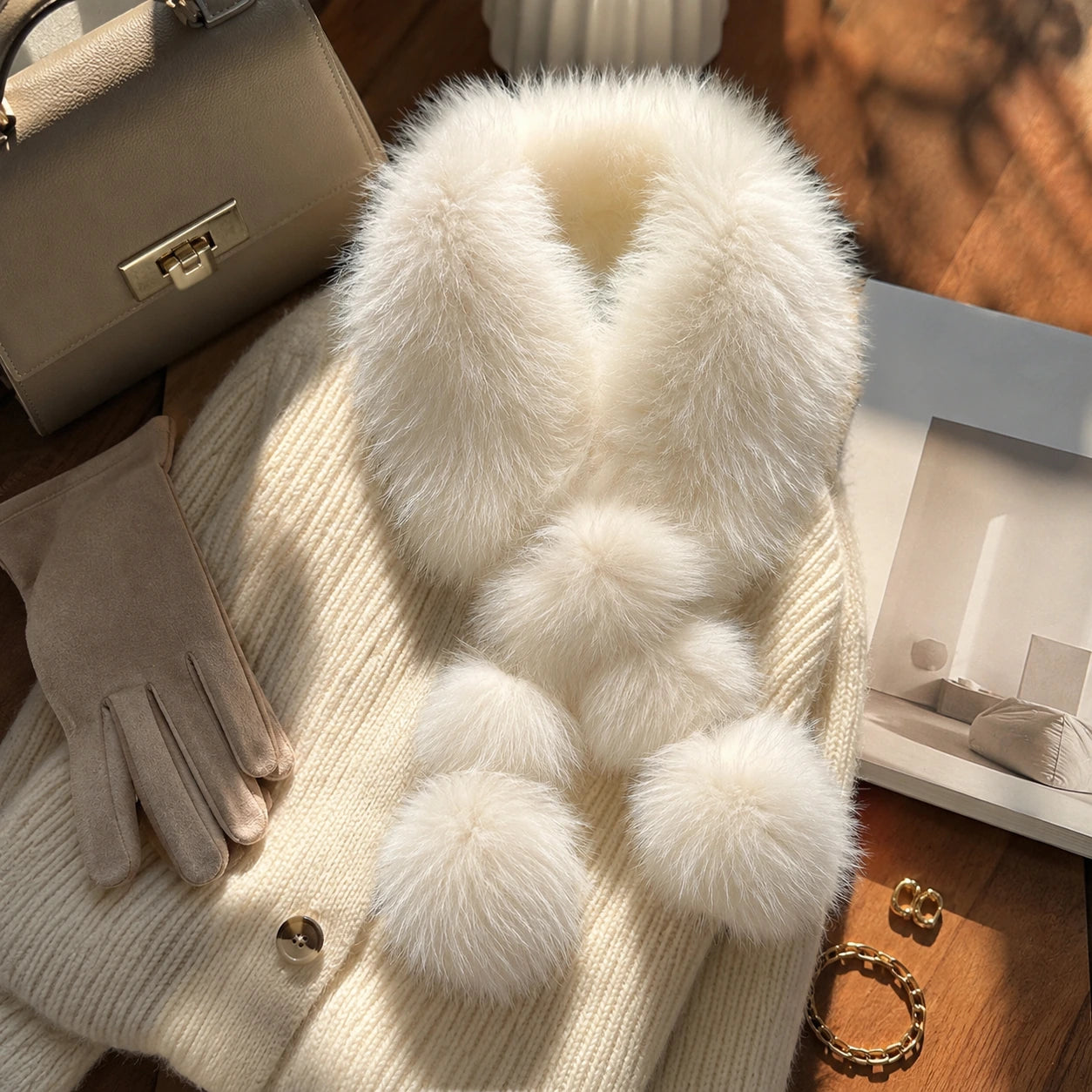 Ivory White genuine fox fur pom-pom scarf flatlay detail