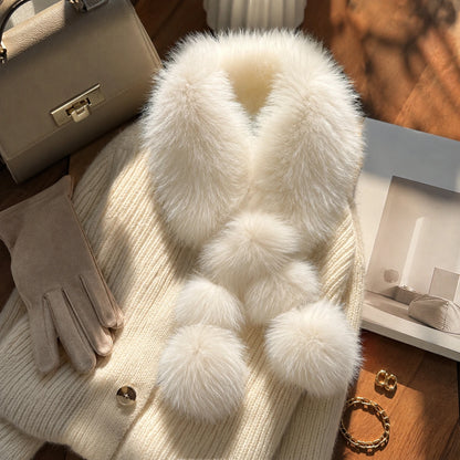 Ivory White genuine fox fur pom-pom scarf flatlay detail