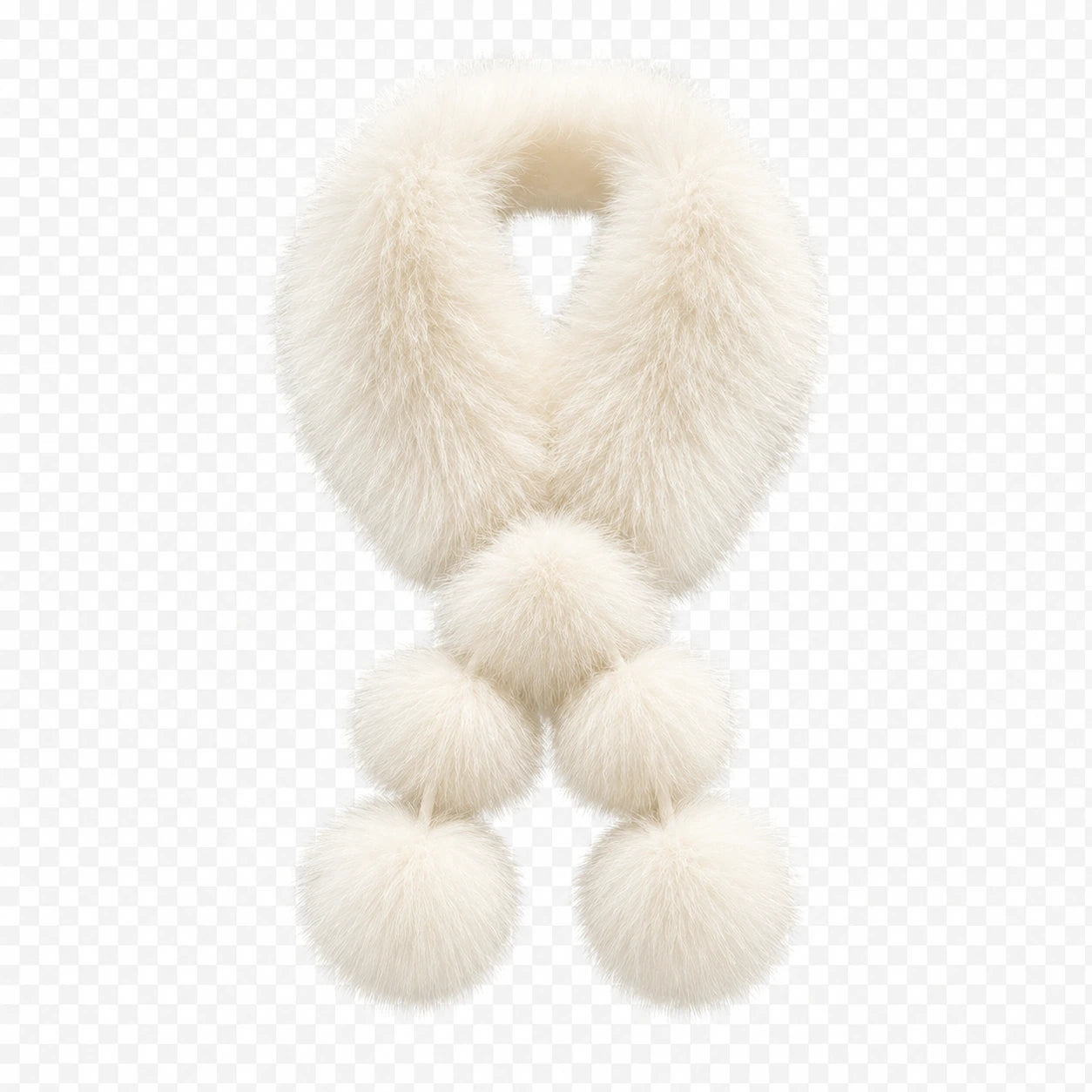Ivory White genuine fox fur pom-pom scarf, front view