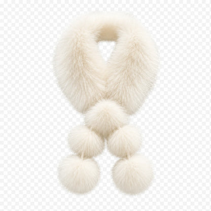 Ivory White genuine fox fur pom-pom scarf, front view