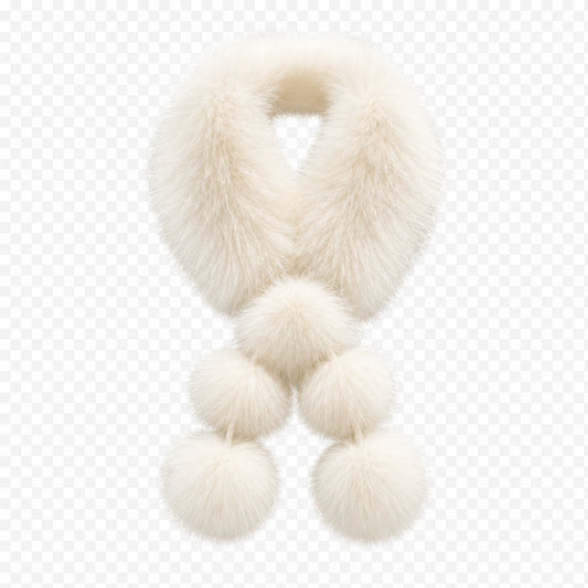 Ivory White genuine fox fur pom-pom scarf, front view