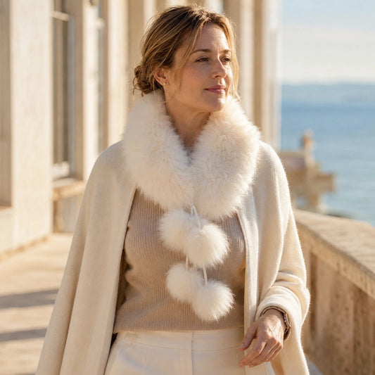Ivory White genuine fox fur pom-pom scarf worn with winter coat