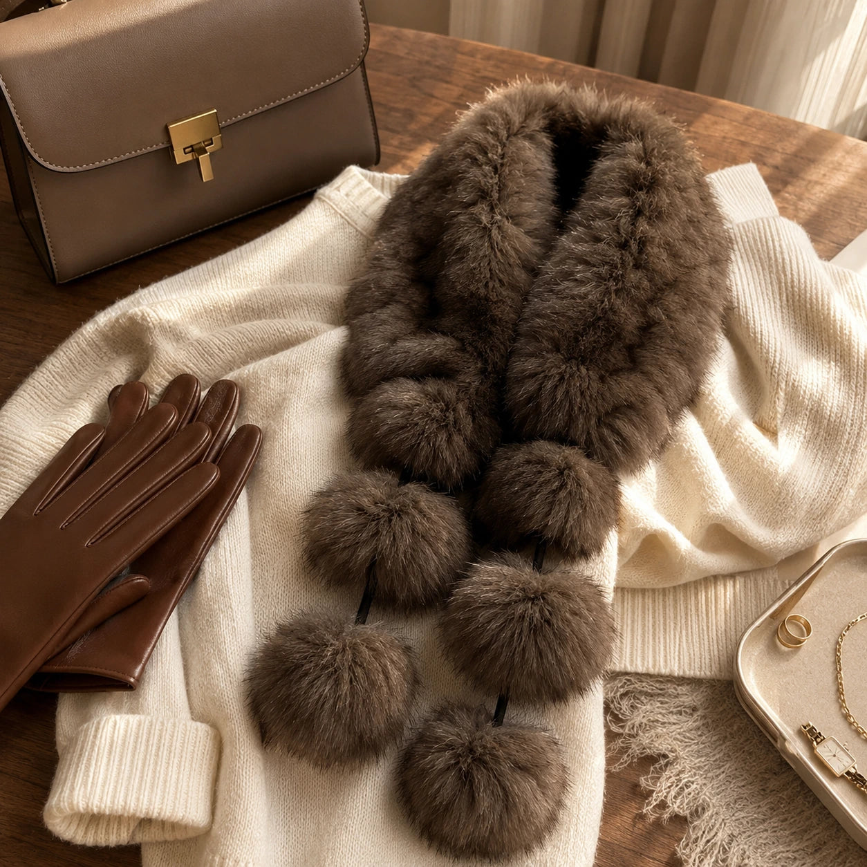 Mocha Brown genuine fox fur pom-pom scarf flatlay detail