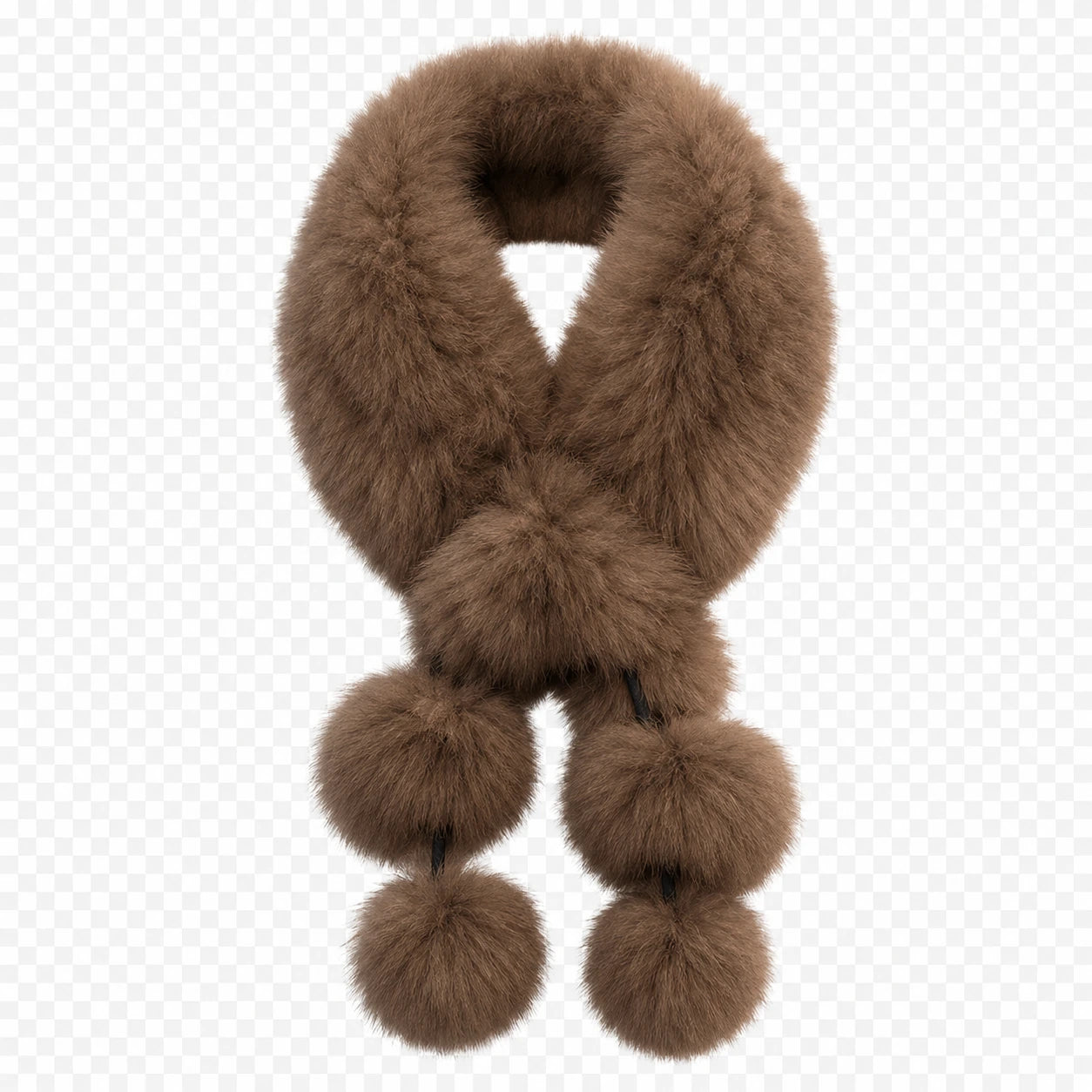 Mocha Brown genuine fox fur pom-pom scarf, front view
