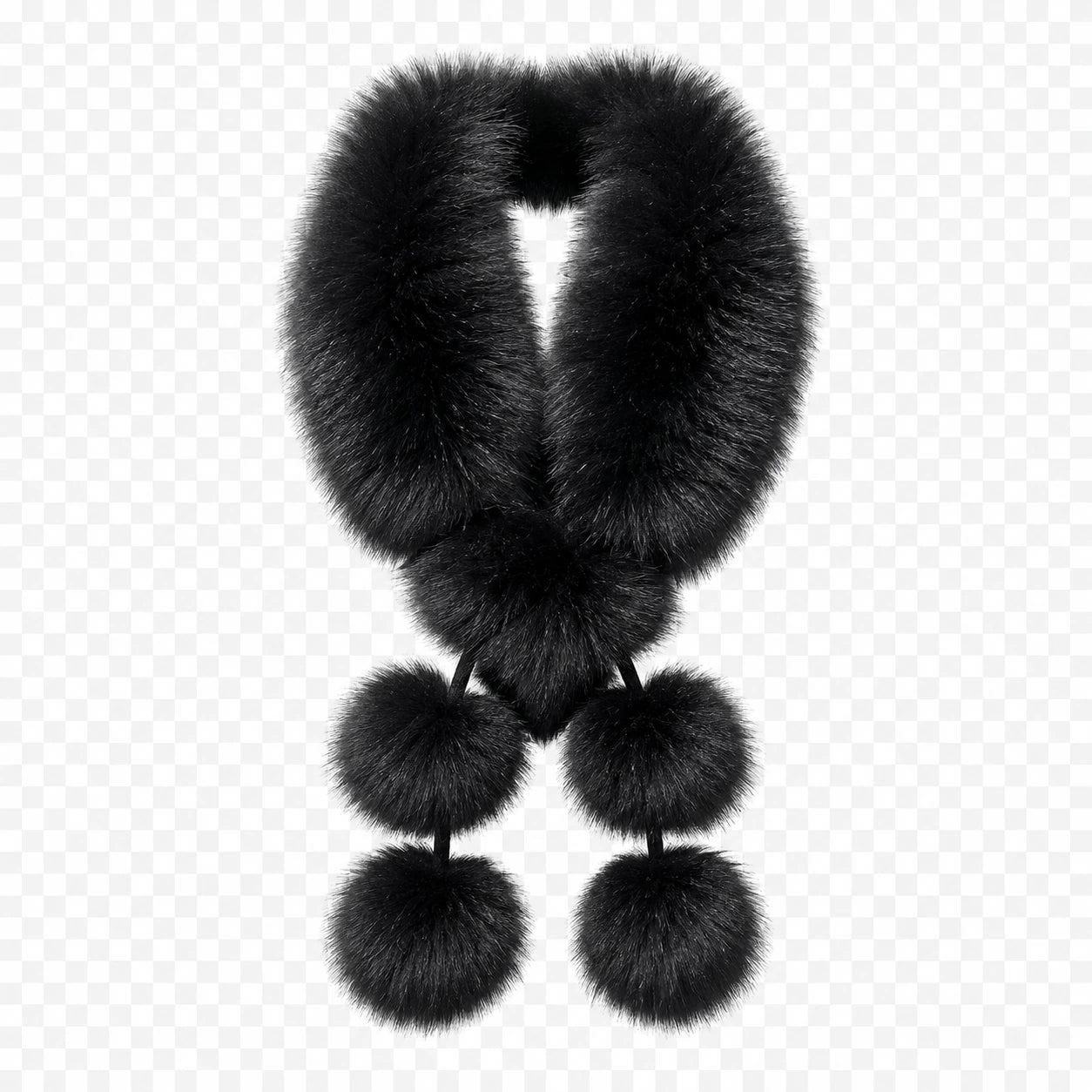 Natural Black genuine fox fur pom-pom scarf, front view