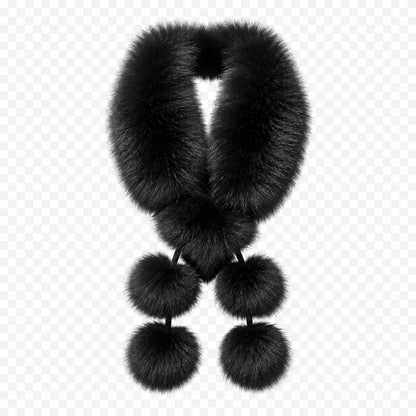 Natural Black genuine fox fur pom-pom scarf, front view