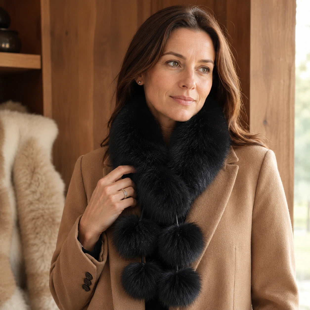 Natural Black genuine fox fur pom-pom scarf worn with camel coat
