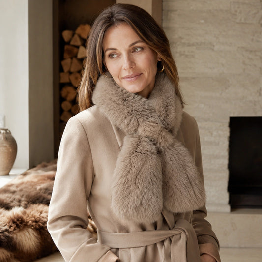 Taupe brown genuine fox fur pull-through scarf worn with a neutral winter coat