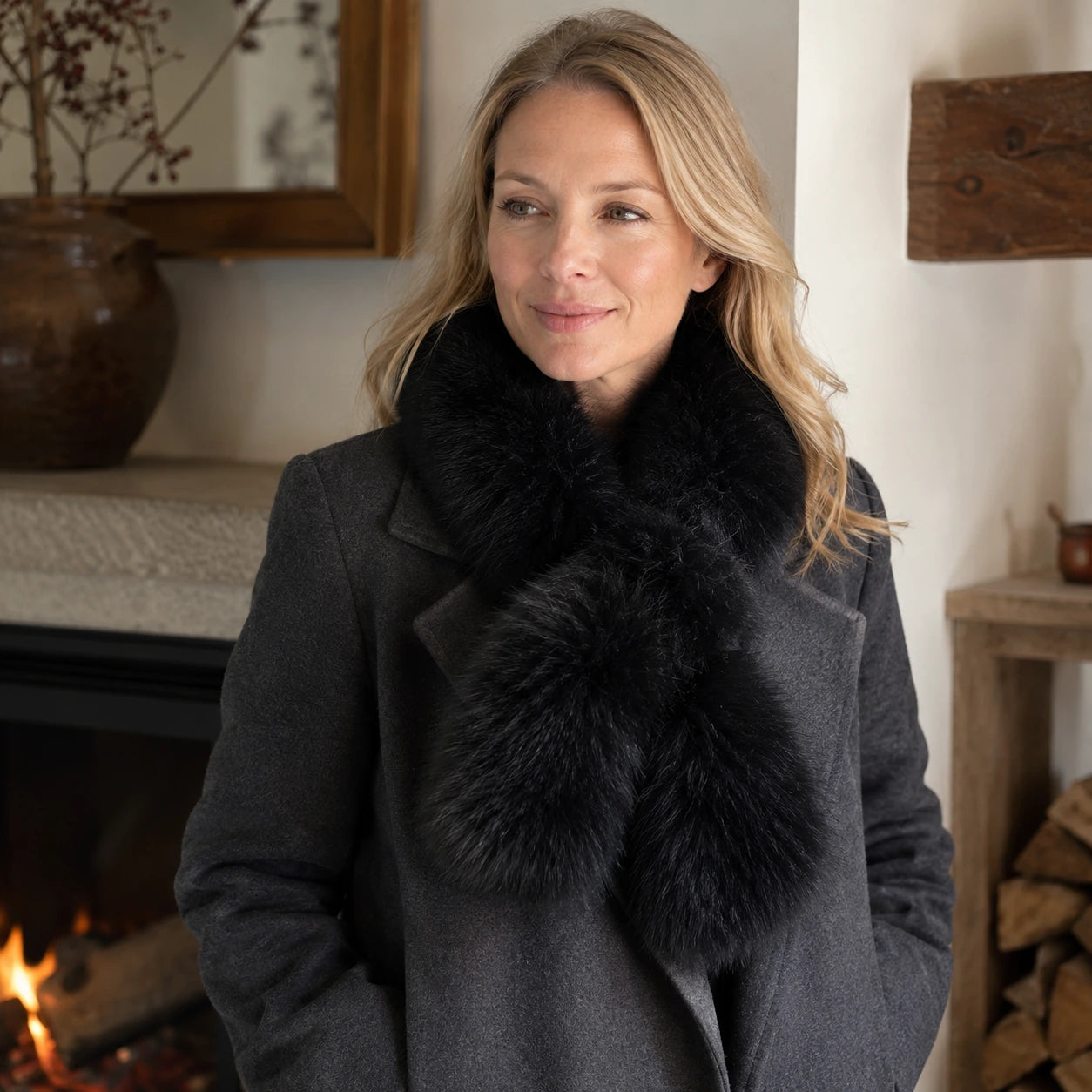Natural black genuine fox fur pull-through scarf worn with a charcoal coat