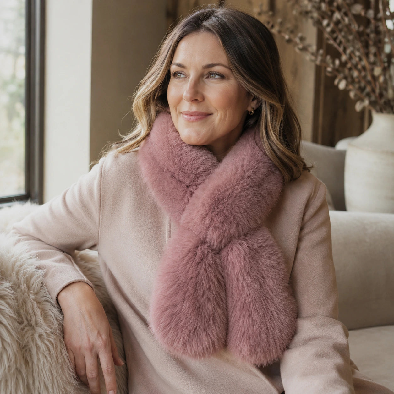 Dusty rose genuine fox fur pull-through scarf worn with soft neutral layers
