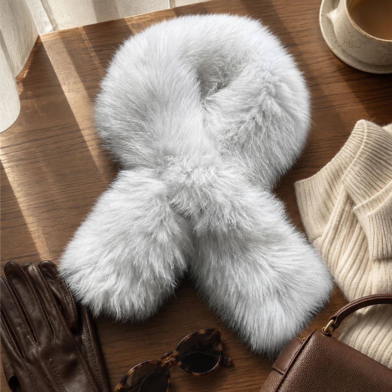Ivory white genuine fox fur scarf styled with wool and leather travel accessories