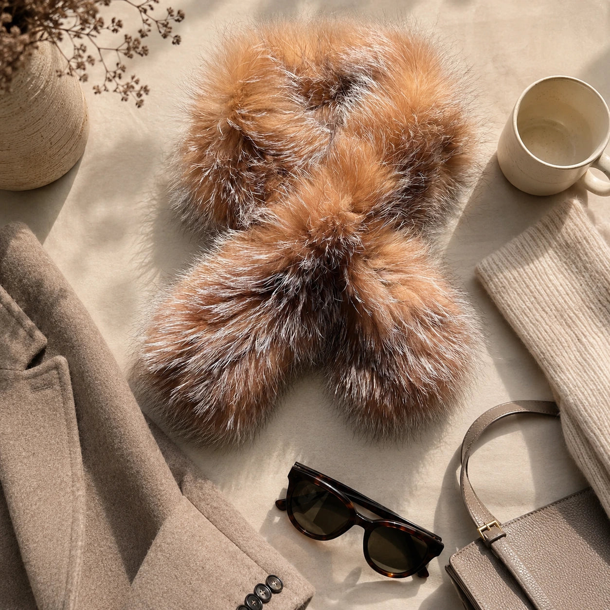 Golden camel genuine fox fur scarf styled with a tailored coat and accessories